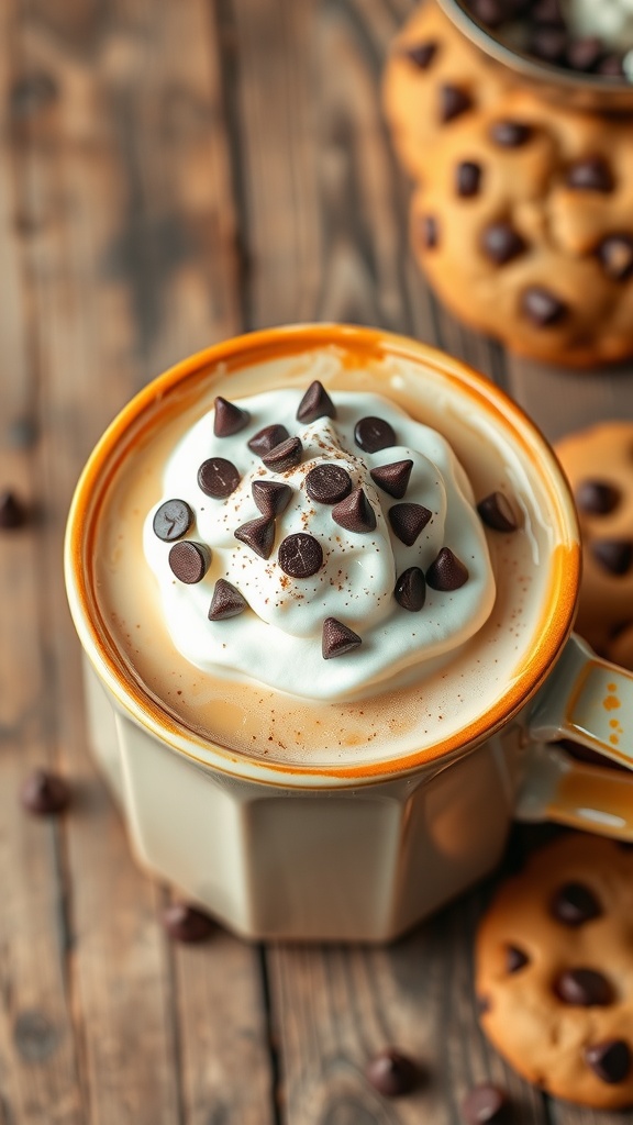 A delicious cookie dough latte topped with whipped cream and chocolate chips on a rustic wooden table.